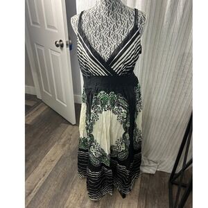 Metro 22 Maxi Dress Womens 1X Black Green Cotton Boho Striped Medallion Surplice